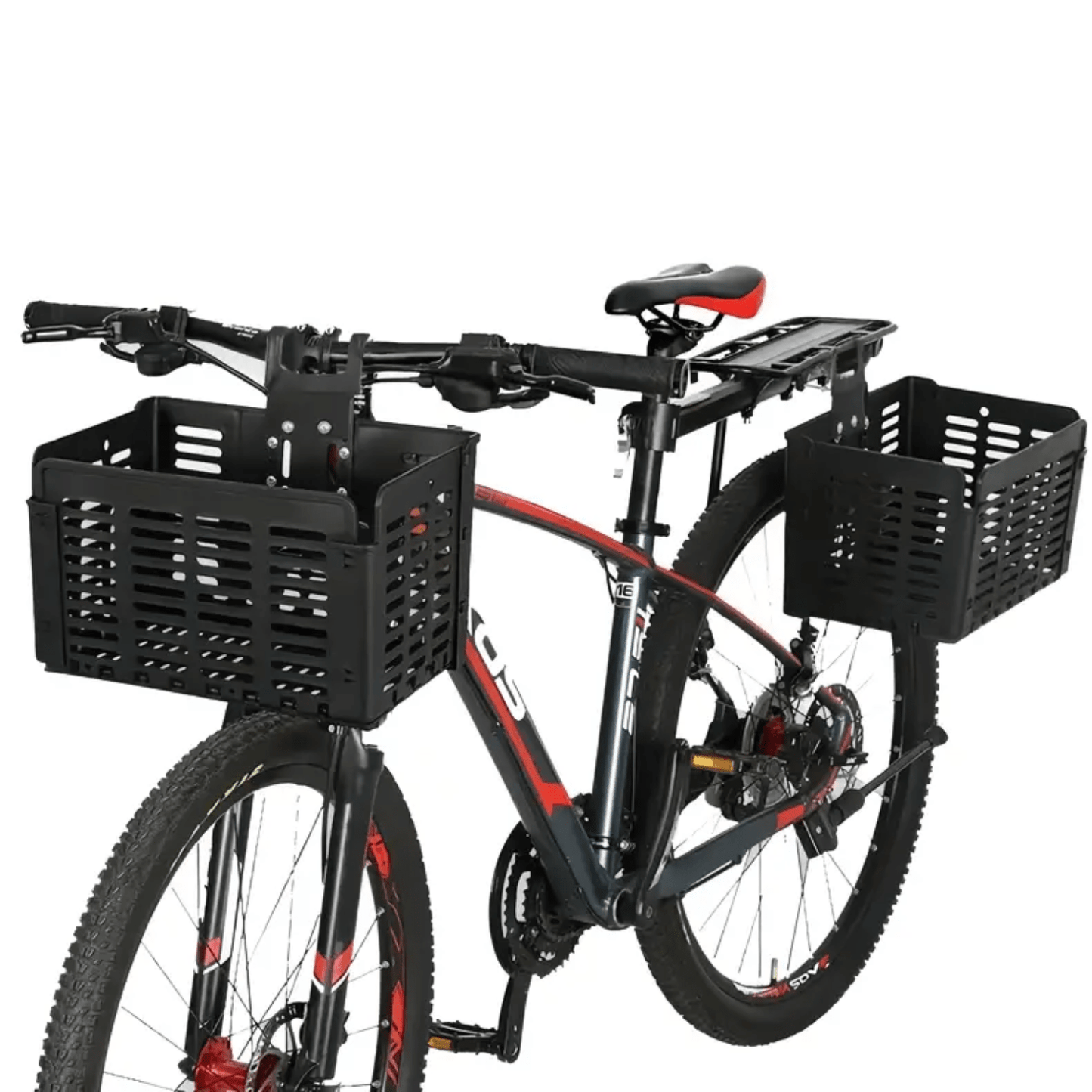 Zwarte Zyro kunststof fietsmanden gemonteerd aan stuur en bagagedrager van een sportieve mountainbike.