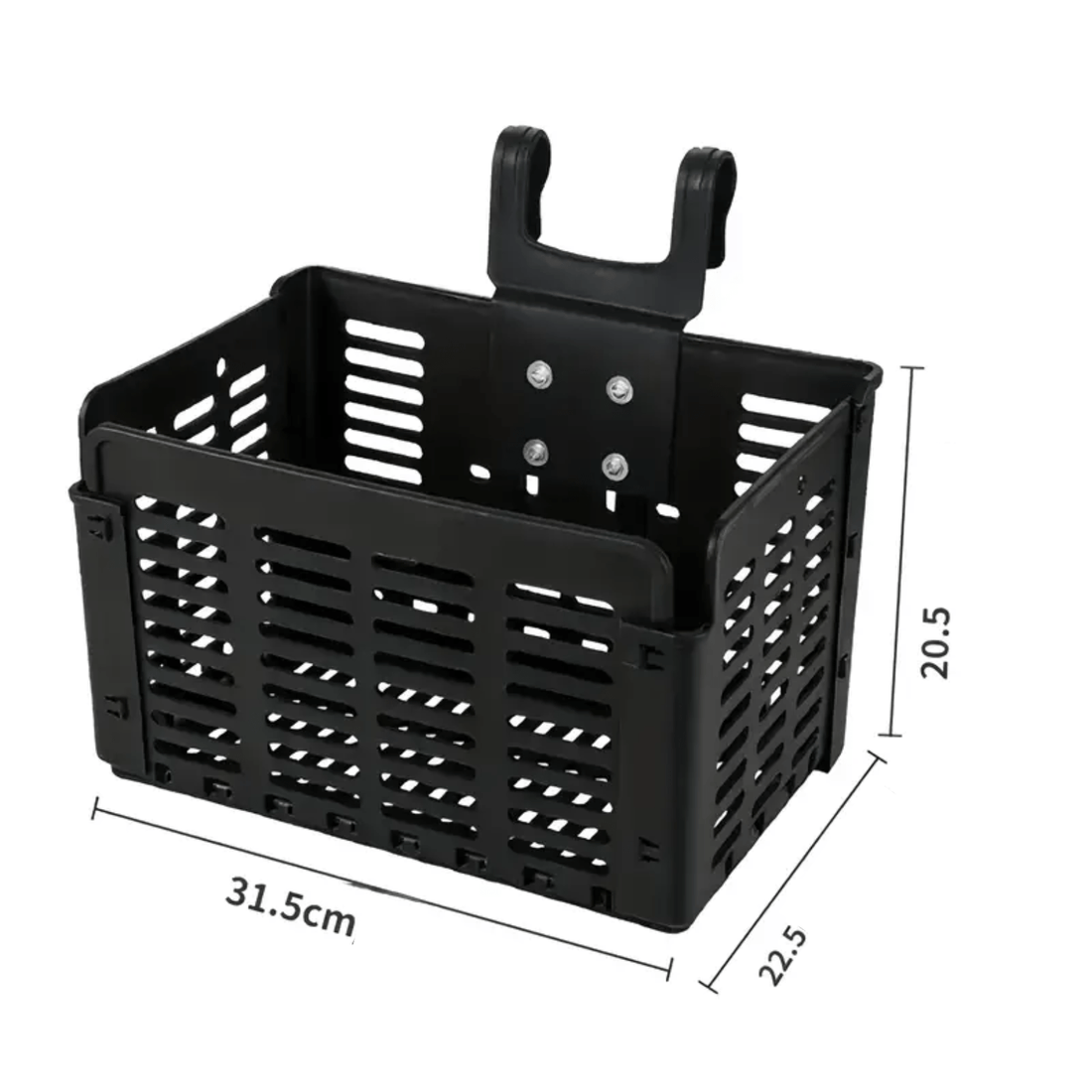 Black Zyro foldable bike basket with visible dimensions of 31.5 x 22.5 x 20.5 cm from the front view.