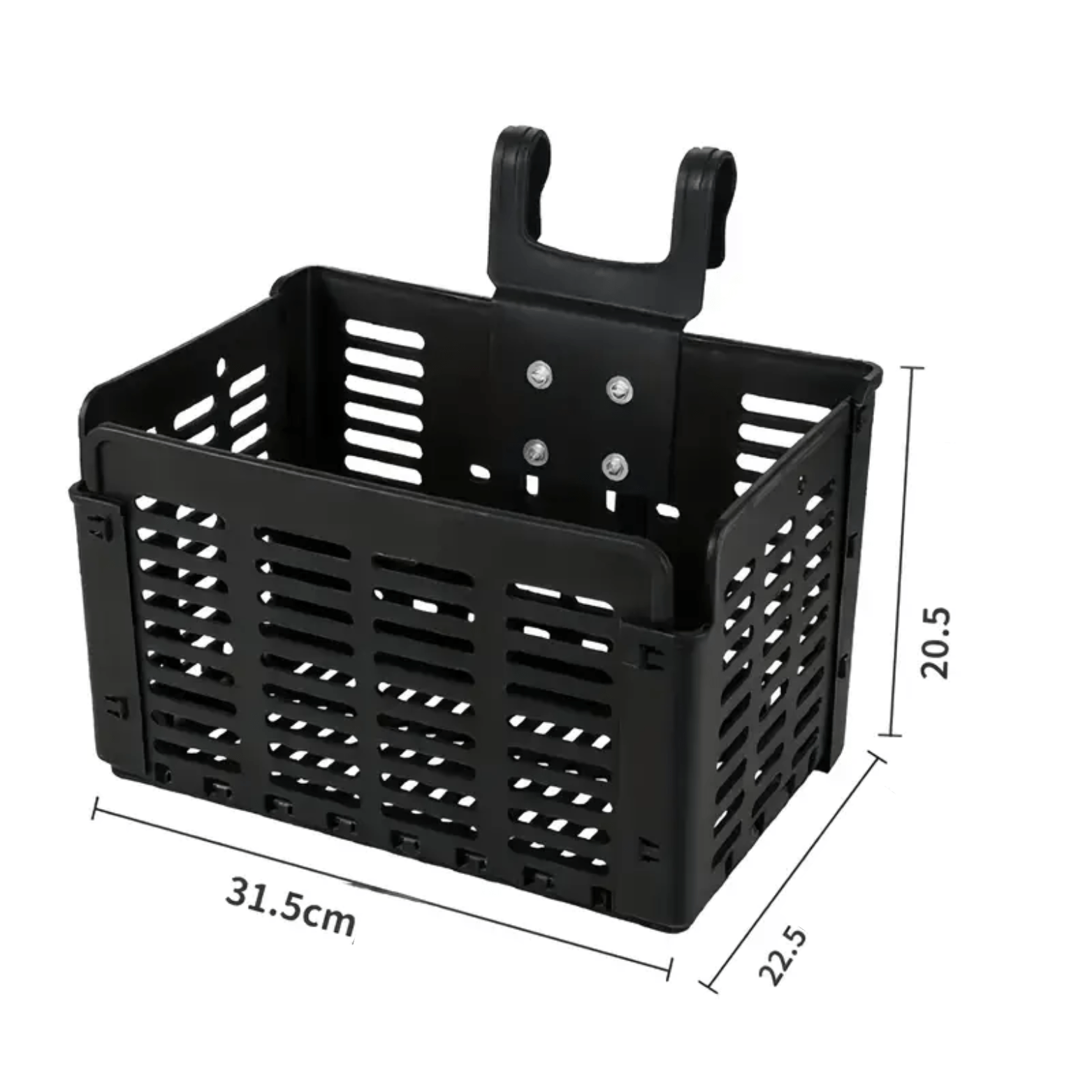 Zwarte Zyro opvouwbare fietsmand met zichtbare afmetingen van 31,5 x 22,5 x 20,5 cm in vooraanzicht.