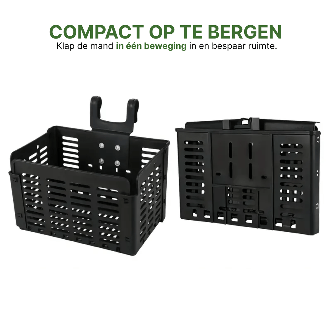 Black Zyro bicycle basket in unfolded and folded state, showing how compact the basket is for storage.