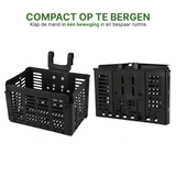 Black Zyro bicycle basket in unfolded and folded state, showing how compact the basket is for storage.