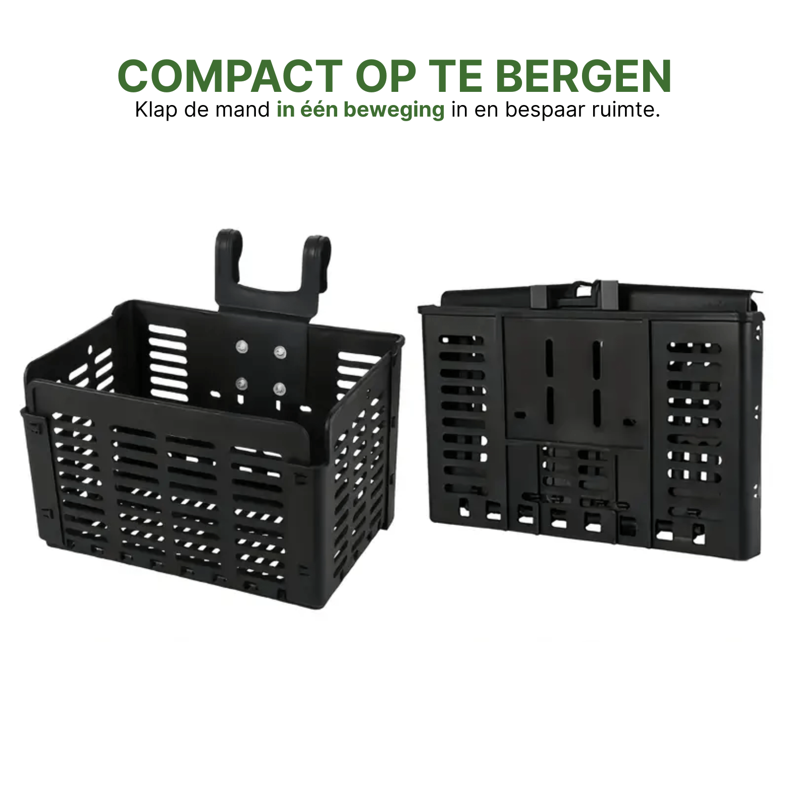 Zwarte Zyro fietsmand in uitgeklapte en ingeklapte staat, toont hoe compact de mand op te bergen is.