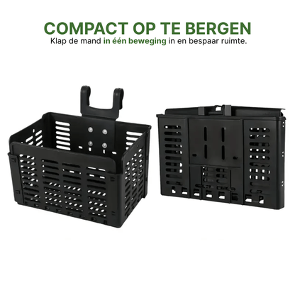 Zwarte Zyro fietsmand in uitgeklapte en ingeklapte staat, toont hoe compact de mand op te bergen is.